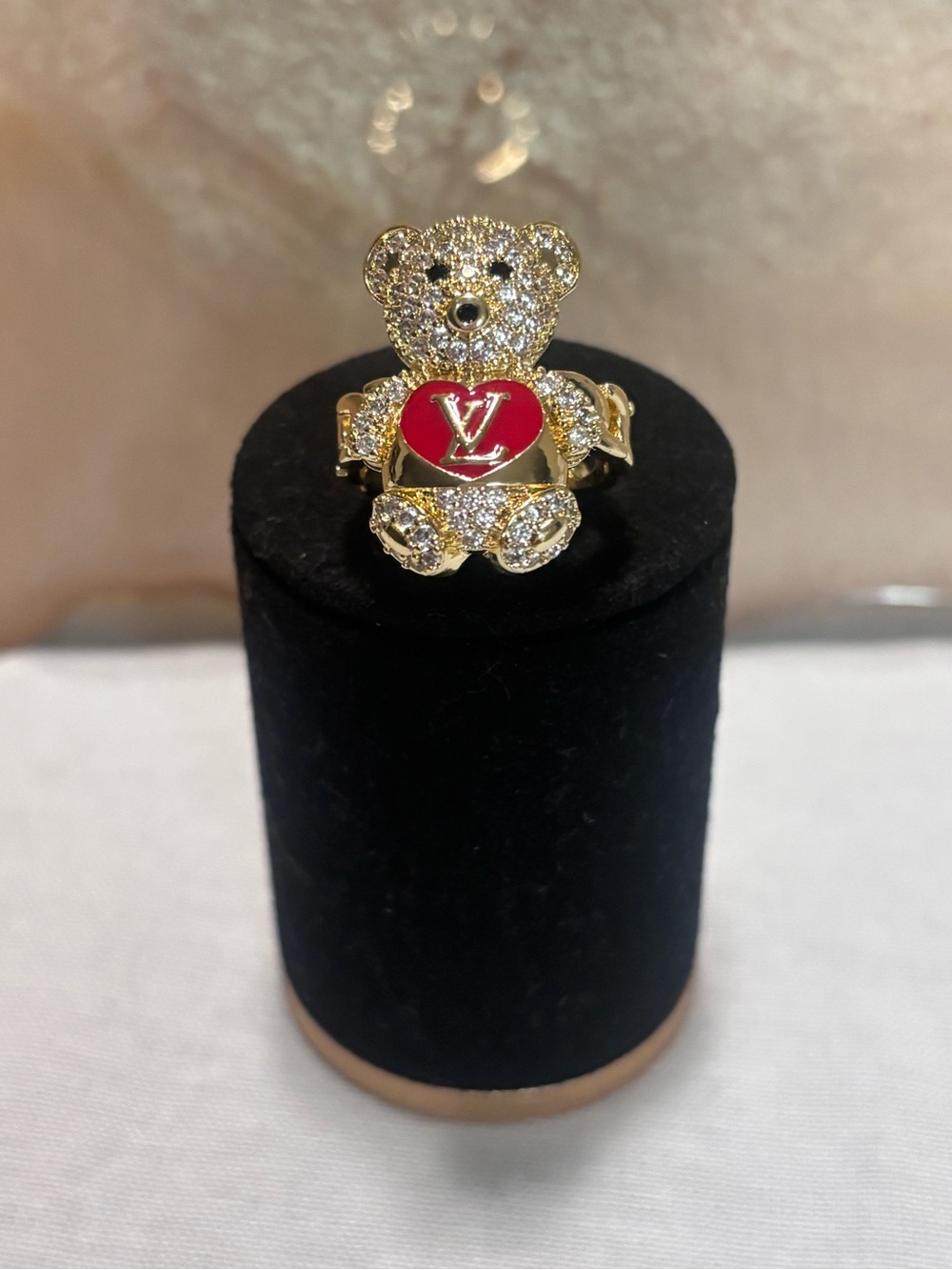 Gold Crystal Teddy Bear Ring with Red Heart Size 8